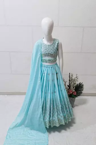 Skyblue chinon silk embroidered work wedding kids lehenga choli