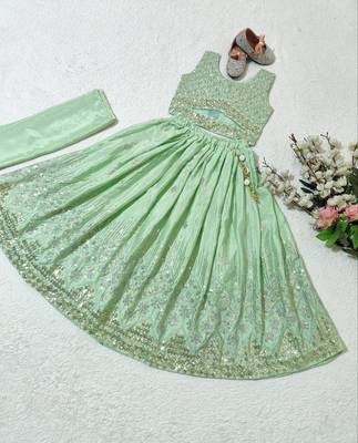 Pista chinon silk embroidered work wedding kids lehenga choli 4