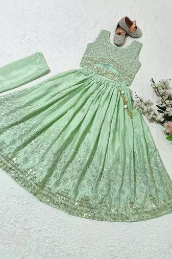 Pista chinon silk embroidered work wedding kids lehenga choli