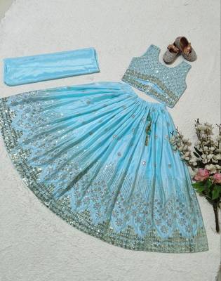 Skyblue chinon silk embroidered work wedding kids lehenga choli 4