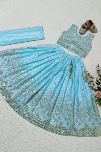 Skyblue chinon silk embroidered work wedding kids lehenga choli