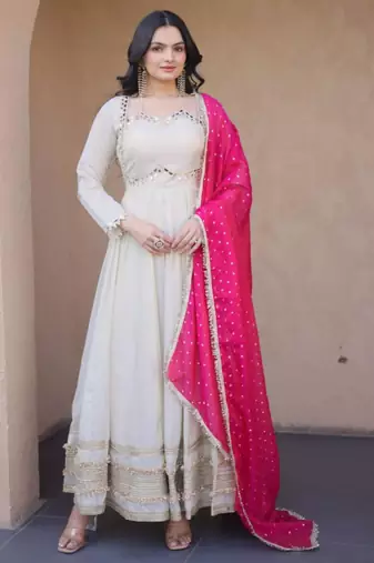 Off white cosmos real mirror with zari embroidered lace work flared gown with heavy dupatta