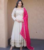 Off white cosmos real mirror with zari embroidered lace work flared gown with heavy dupatta