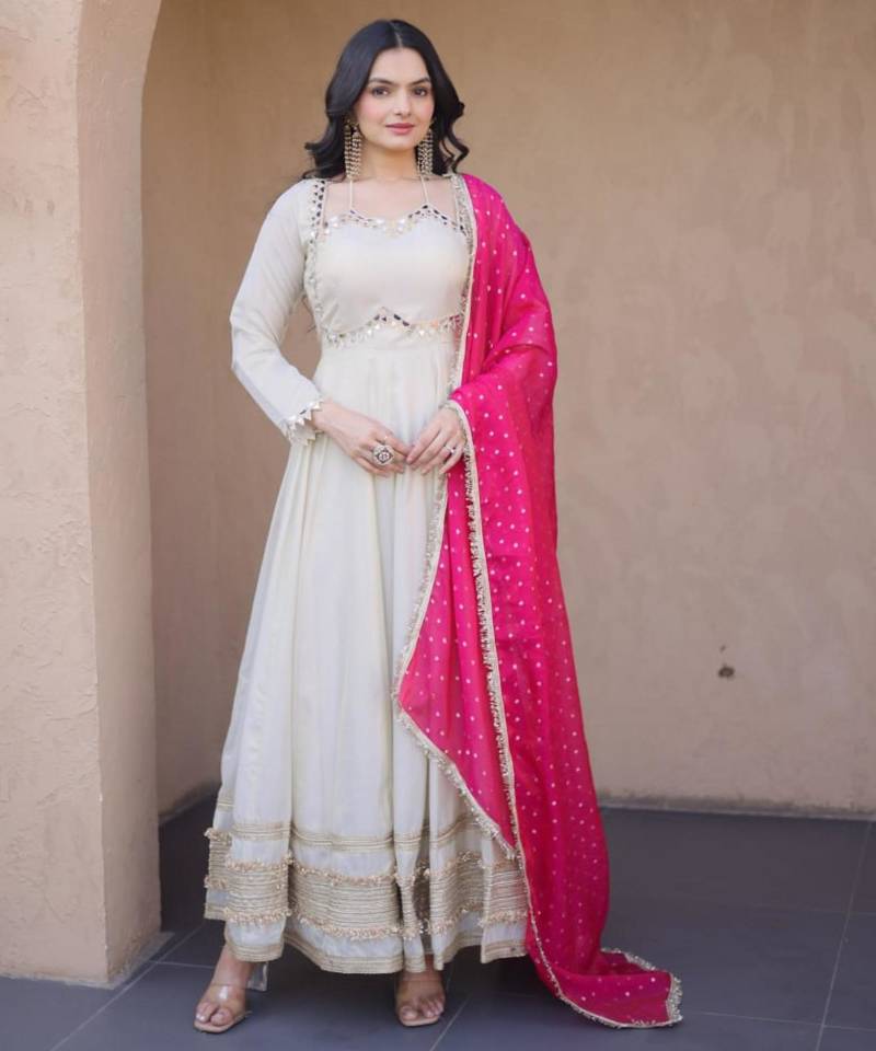 Off white cosmos real mirror with zari embroidered lace work flared gown with heavy dupatta