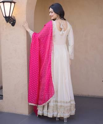 Off white cosmos real mirror with zari embroidered lace work flared gown with heavy dupatta 2