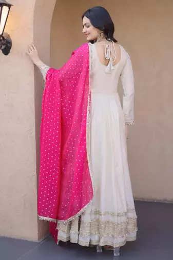 Off white cosmos real mirror with zari embroidered lace work flared gown with heavy dupatta