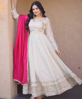 Off white cosmos real mirror with zari embroidered lace work flared gown with heavy dupatta 3