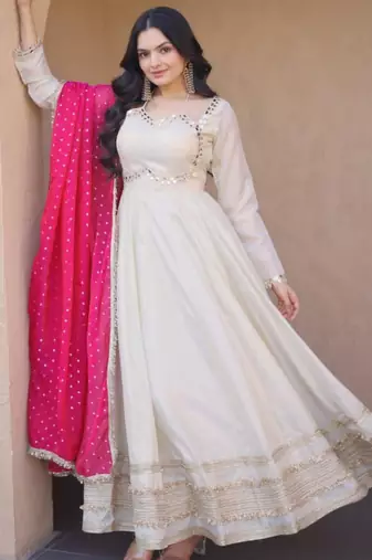 Off white cosmos real mirror with zari embroidered lace work flared gown with heavy dupatta