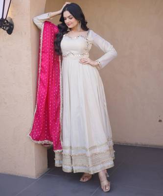 Off white cosmos real mirror with zari embroidered lace work flared gown with heavy dupatta 4