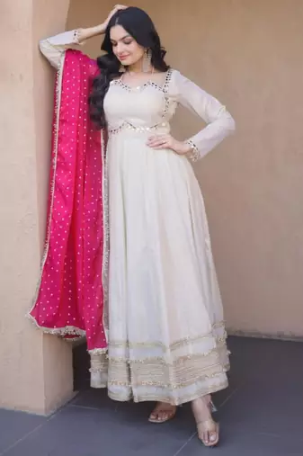 Off white cosmos real mirror with zari embroidered lace work flared gown with heavy dupatta