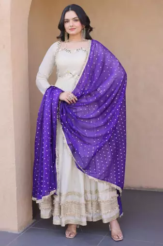 Off white cosmos real mirror with zari embroidered lace work flared gown with heavy dupatta