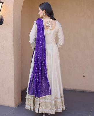 Off white cosmos real mirror with zari embroidered lace work flared gown with heavy dupatta 2