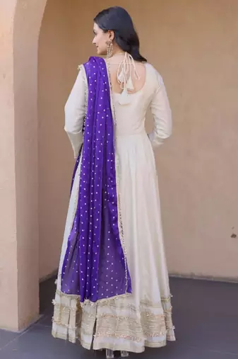 Off white cosmos real mirror with zari embroidered lace work flared gown with heavy dupatta