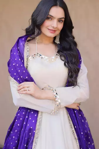 Off white cosmos real mirror with zari embroidered lace work flared gown with heavy dupatta