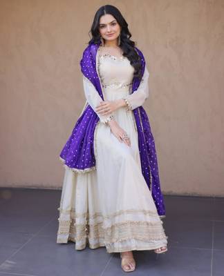 Off white cosmos real mirror with zari embroidered lace work flared gown with heavy dupatta 4