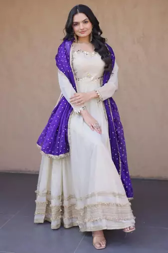 Off white cosmos real mirror with zari embroidered lace work flared gown with heavy dupatta