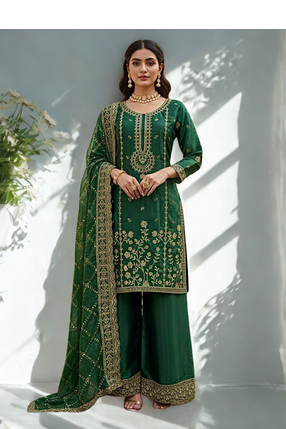 Green Silk  Heavy  Embroidered  Sequins Work Kurta Palazzo Dupatta 3pc set 1