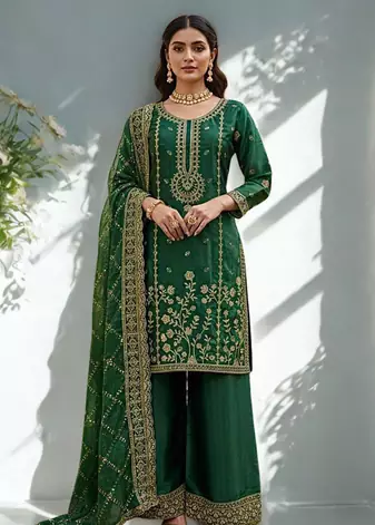 Green Silk  Heavy  Embroidered  Sequins Work Kurta Palazzo Dupatta 3pc set