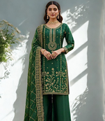Green Silk  Heavy  Embroidered  Sequins Work Kurta Palazzo Dupatta 3pc set