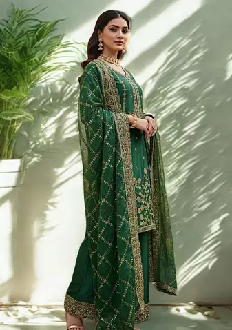 Green Silk  Heavy  Embroidered  Sequins Work Kurta Palazzo Dupatta 3pc set