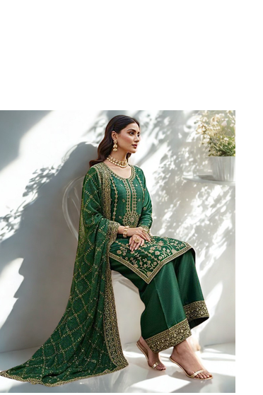 Green Silk  Heavy  Embroidered  Sequins Work Kurta Palazzo Dupatta 3pc set 3
