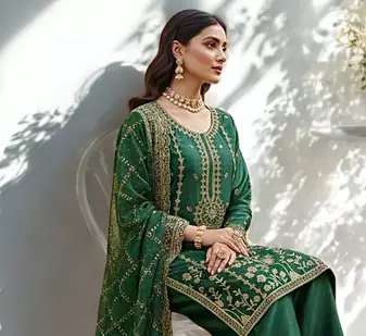 Green Silk  Heavy  Embroidered  Sequins Work Kurta Palazzo Dupatta 3pc set