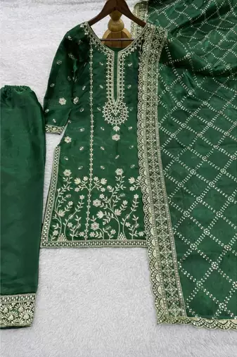 Green Silk  Heavy  Embroidered  Sequins Work Kurta Palazzo Dupatta 3pc set