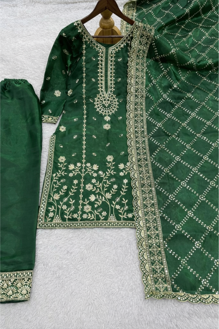 Green Silk  Heavy  Embroidered  Sequins Work Kurta Palazzo Dupatta 3pc set