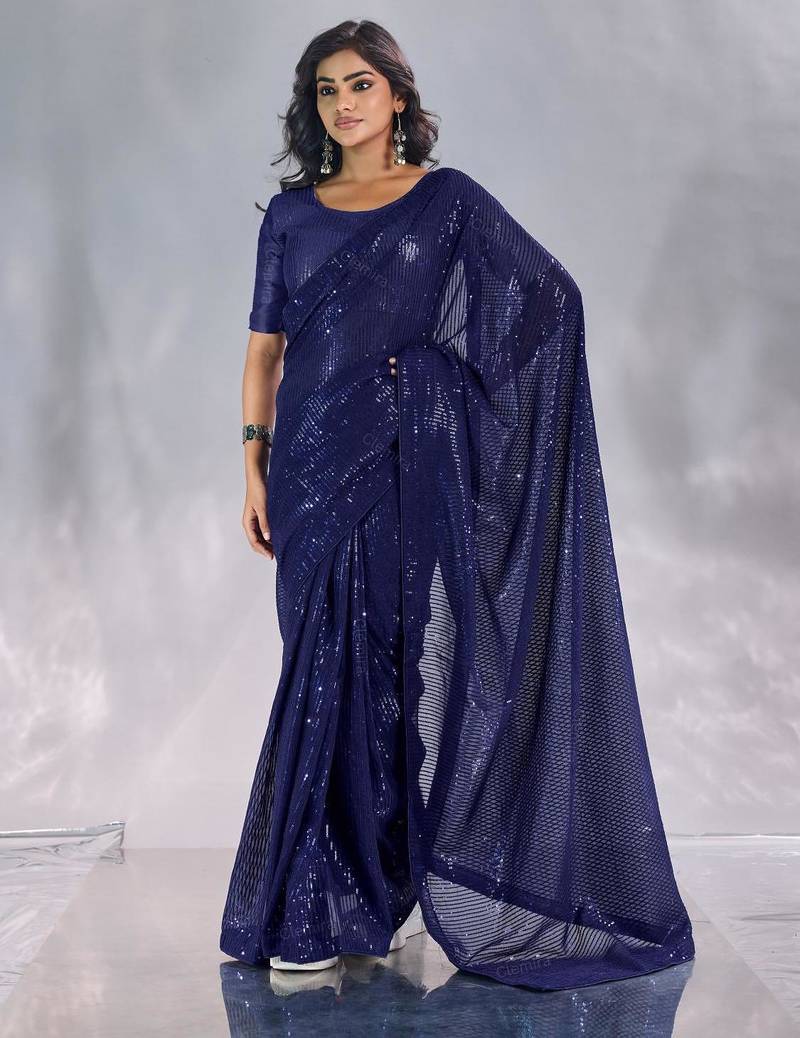 Pure georgette embellished sequinned party wear saree