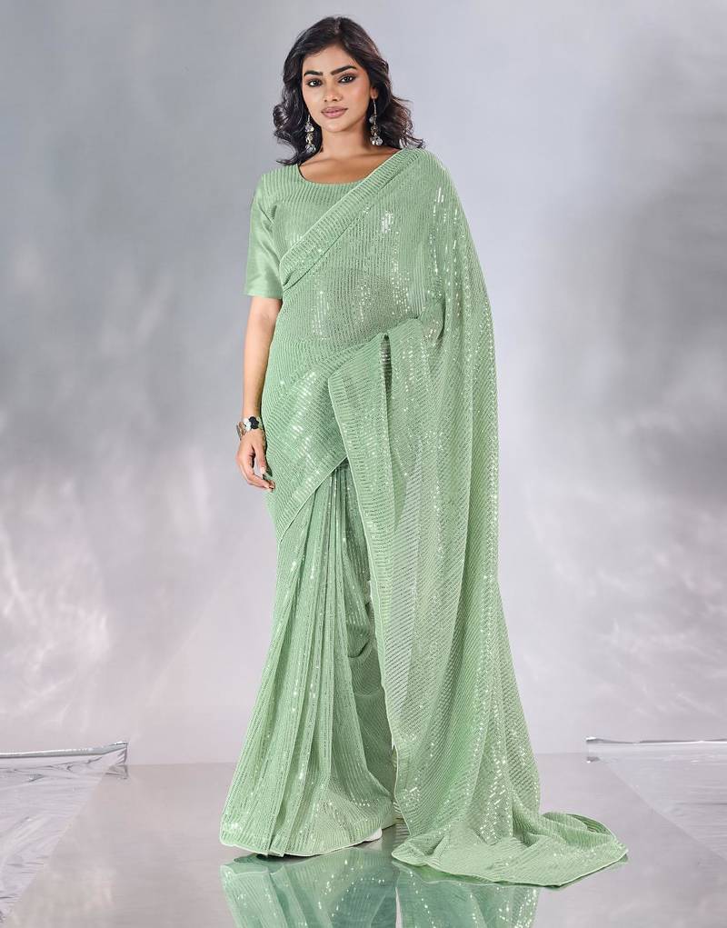Pure georgette embellished sequinned party wear saree