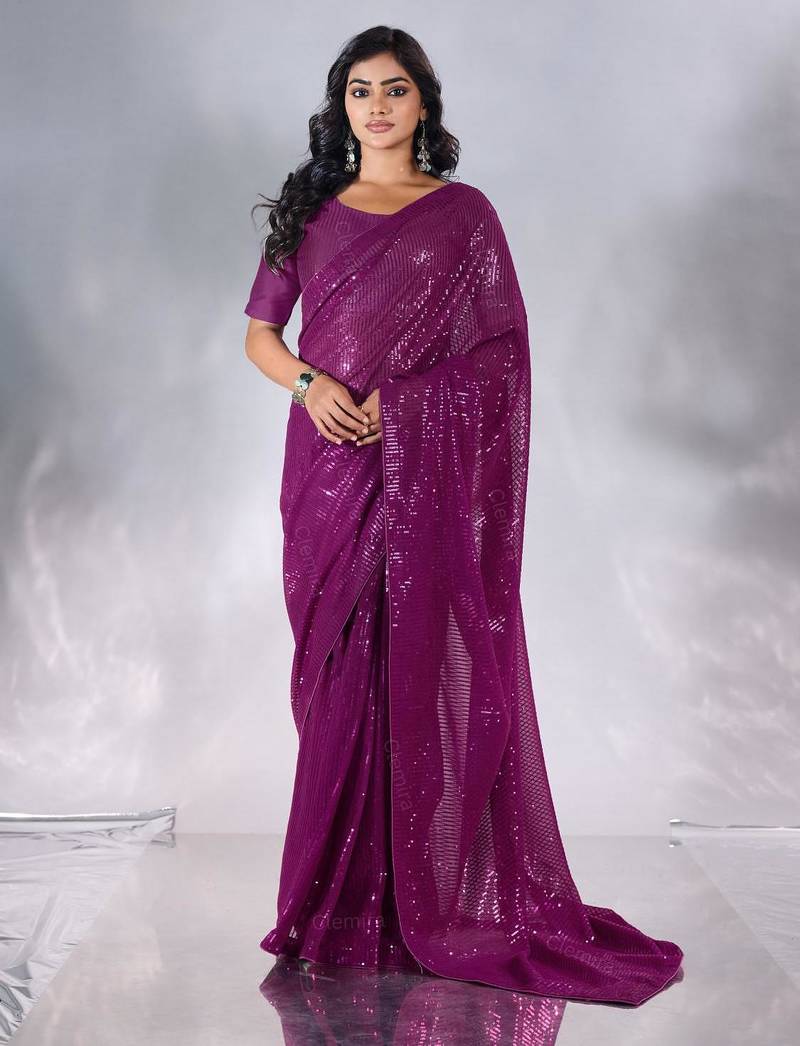 Pure georgette embellished sequinned party wear saree