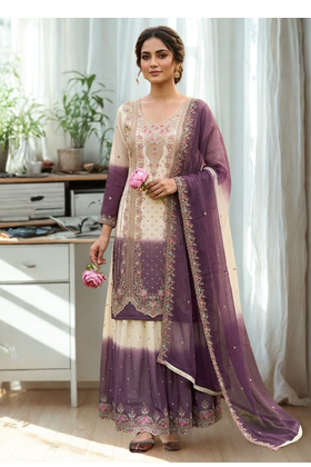 White/Purple Heavy Dual Tone Star Georgette With Embroidery Thread Work 3pc 1