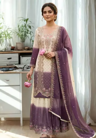 White/Purple Heavy Dual Tone Star Georgette With Embroidery Thread Work 3pc