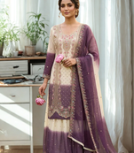 White/Purple Heavy Dual Tone Star Georgette With Embroidery Thread Work 3pc