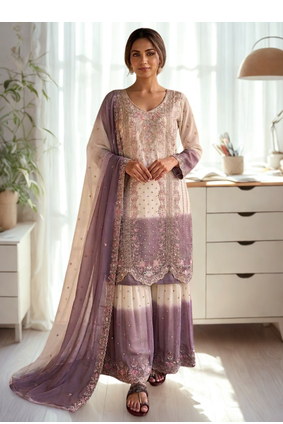 White/Purple Heavy Dual Tone Star Georgette With Embroidery Thread Work 3pc 2