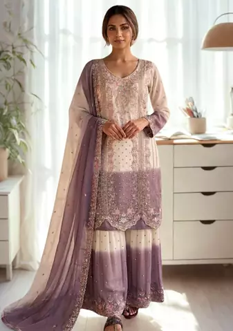 White/Purple Heavy Dual Tone Star Georgette With Embroidery Thread Work 3pc