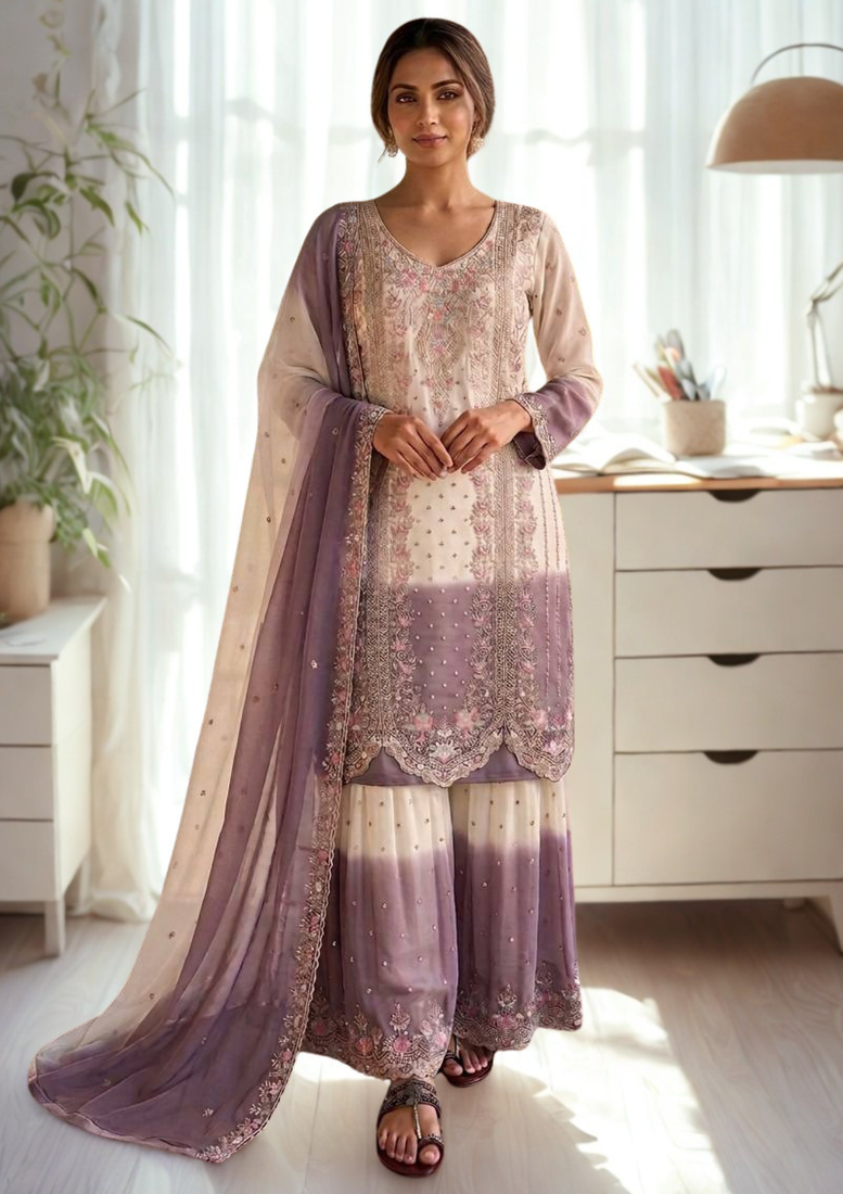 White/Purple Heavy Dual Tone Star Georgette With Embroidery Thread Work 3pc