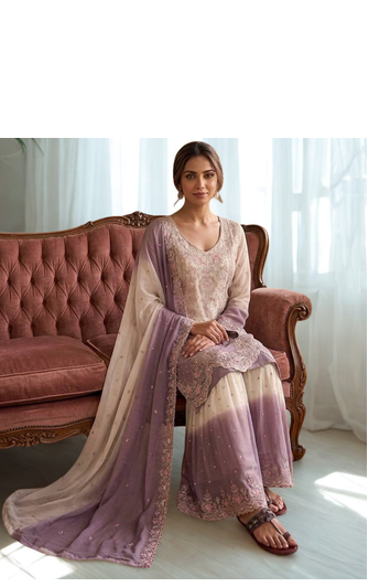White/Purple Heavy Dual Tone Star Georgette With Embroidery Thread Work 3pc 3