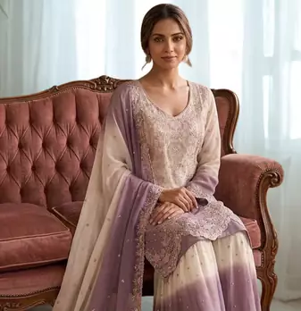 White/Purple Heavy Dual Tone Star Georgette With Embroidery Thread Work 3pc