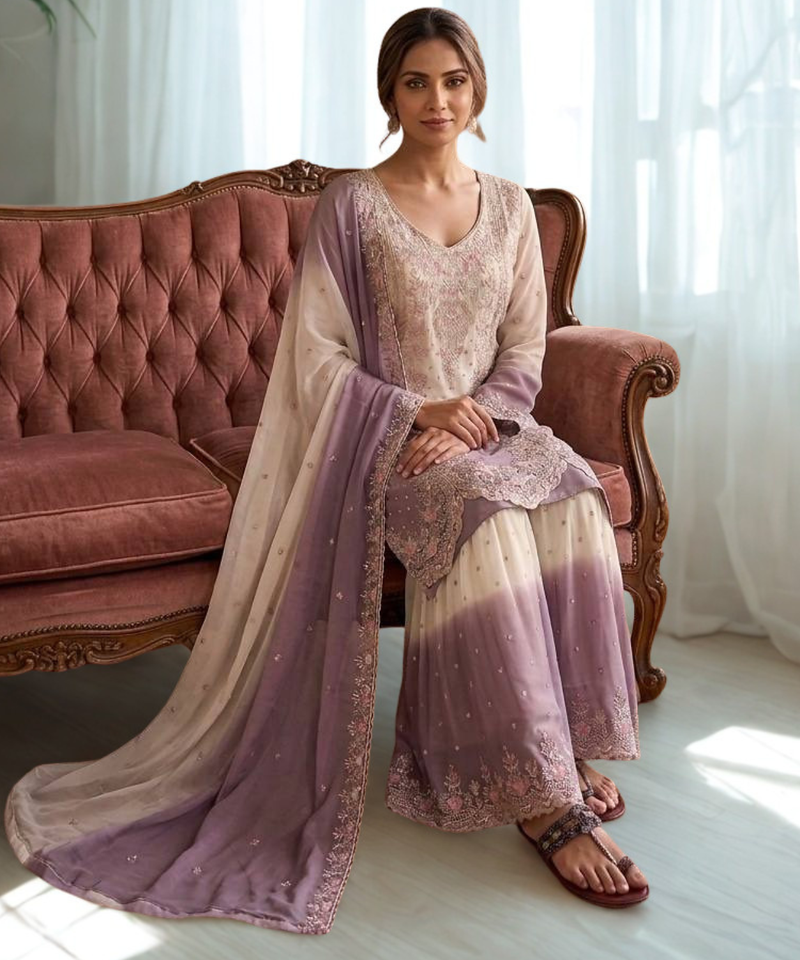 White/Purple Heavy Dual Tone Star Georgette With Embroidery Thread Work 3pc