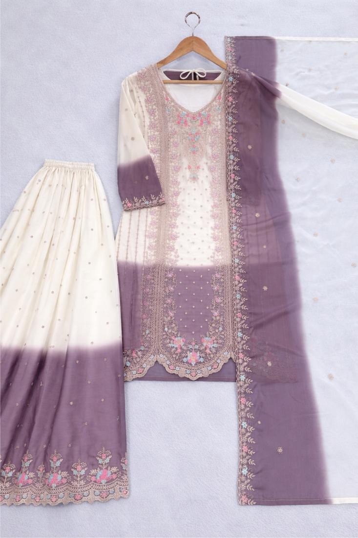 White/Purple Heavy Dual Tone Star Georgette With Embroidery Thread Work 3pc