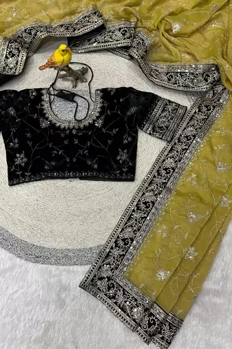 Light Yellow Color Sequins Embroidery Work art silk saree