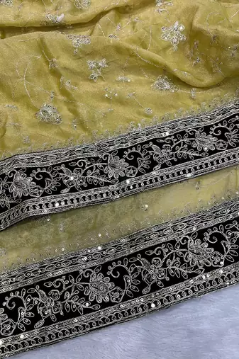 Light Yellow Color Sequins Embroidery Work art silk saree