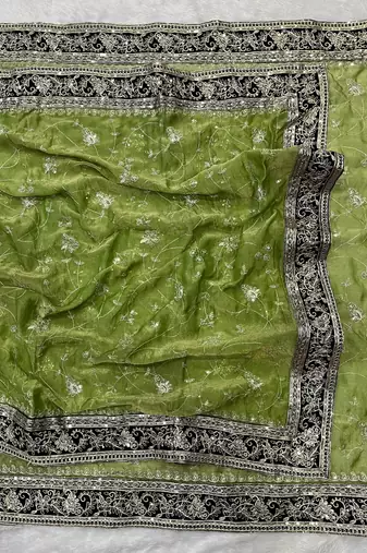 Mehndi Green Color Sequins Embroidery Work art silk saree