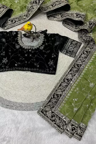 Mehndi Green Color Sequins Embroidery Work art silk saree