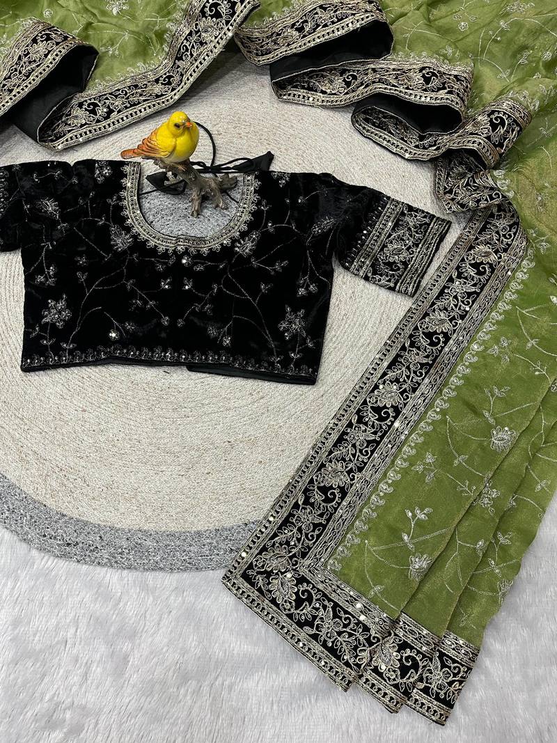 Mehndi Green Color Sequins Embroidery Work Silk Saree