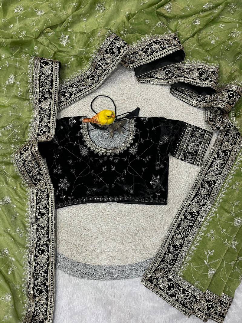 Mehndi Green Color Sequins Embroidery Work Silk Saree