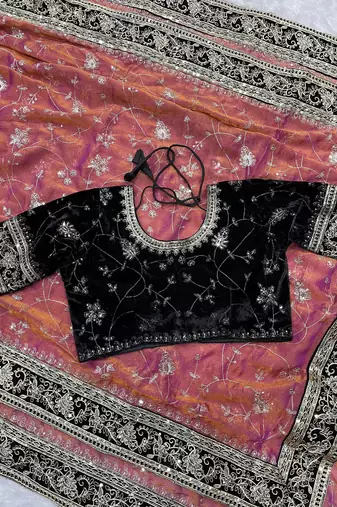 Peach Color Sequins Embroidery Work Silk Saree