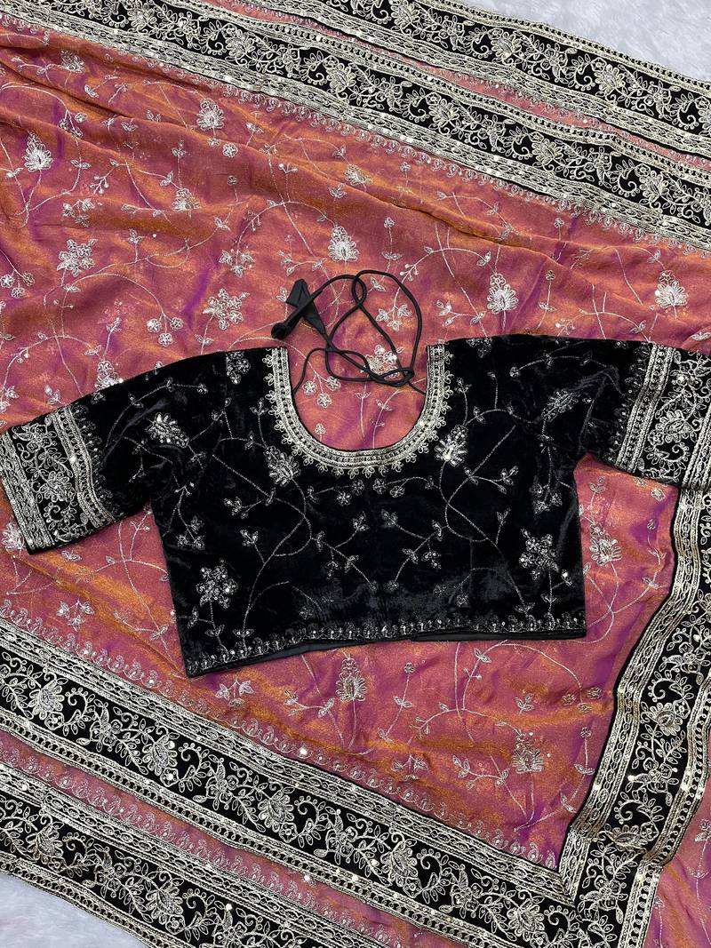 Peach Color Sequins Embroidery Work Silk Saree