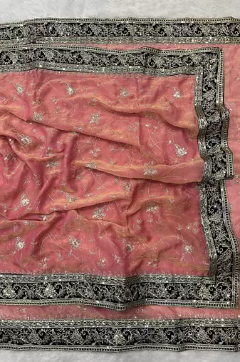 Peach Color Sequins Embroidery Work art silk saree